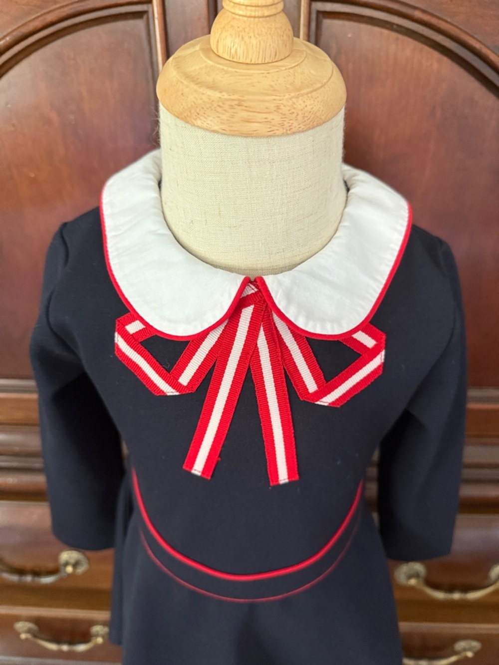 Jacadi Paris Girls Navy Peter Pan Collar Dress 3T Red Bow Holiday Preppy - Picture 4 of 6